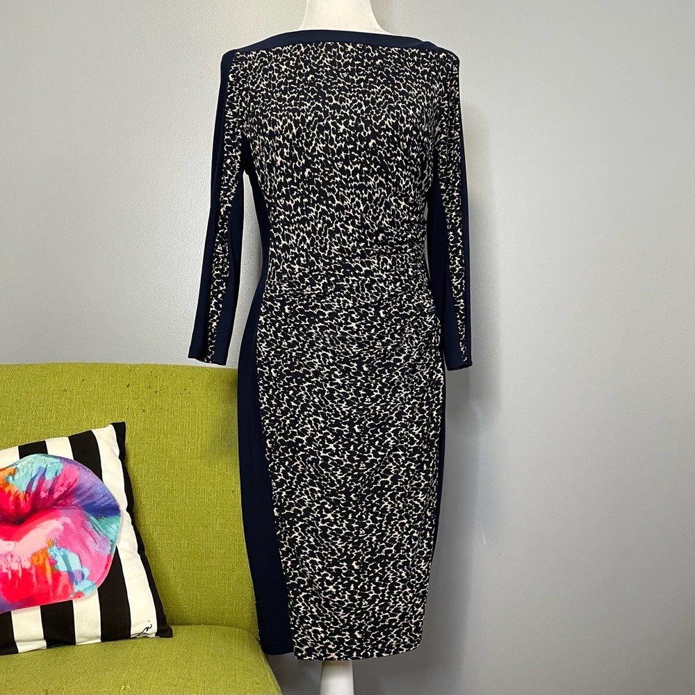 Ralph Lauren Blue Cream Jersey Ruched Side Sheath Dress 10 Work Cocktail